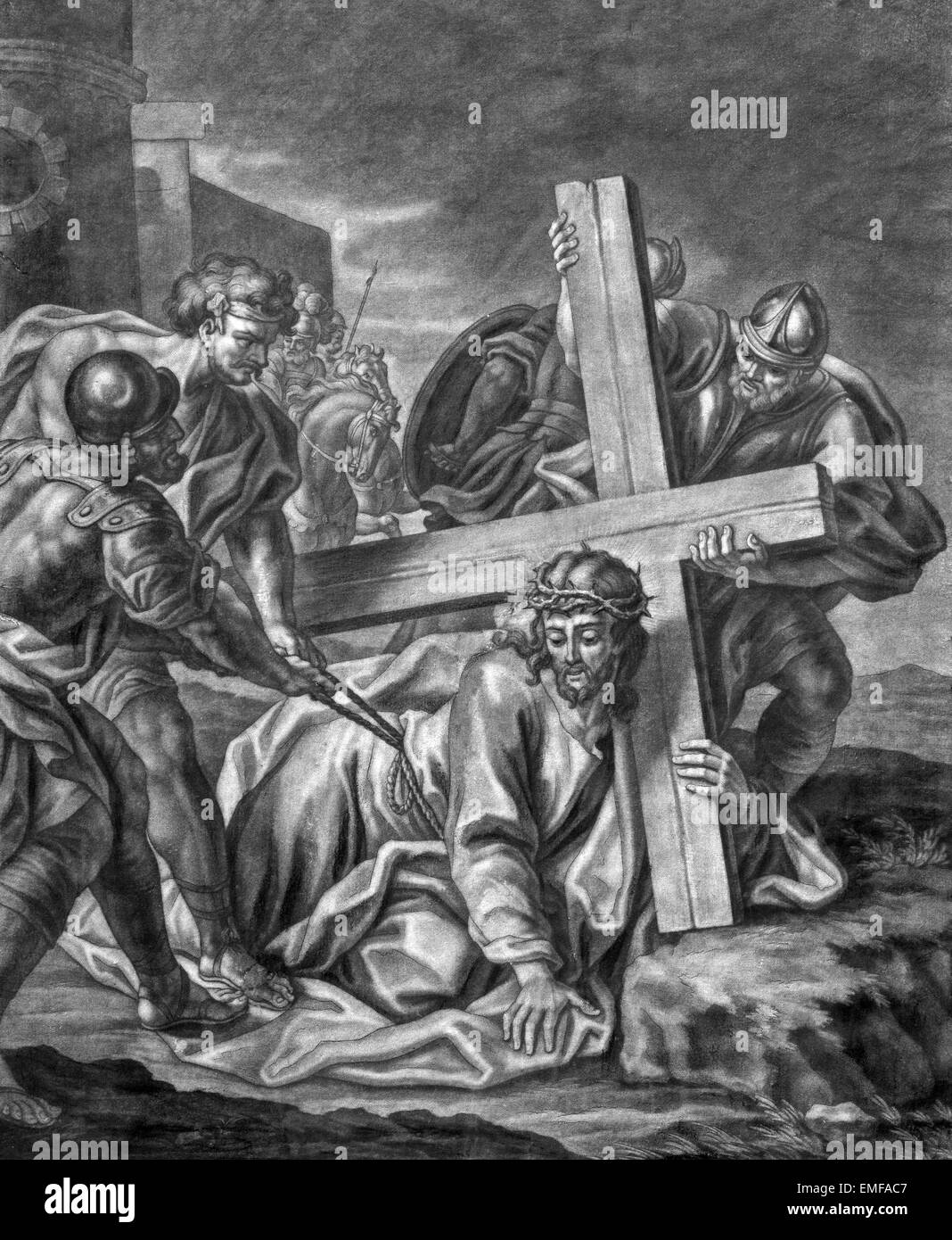 Vienna - The Jesus fall under cross old lithography from 18. cent. by Johannes Lorenz Haid in Salesianerkirche church Stock Photo