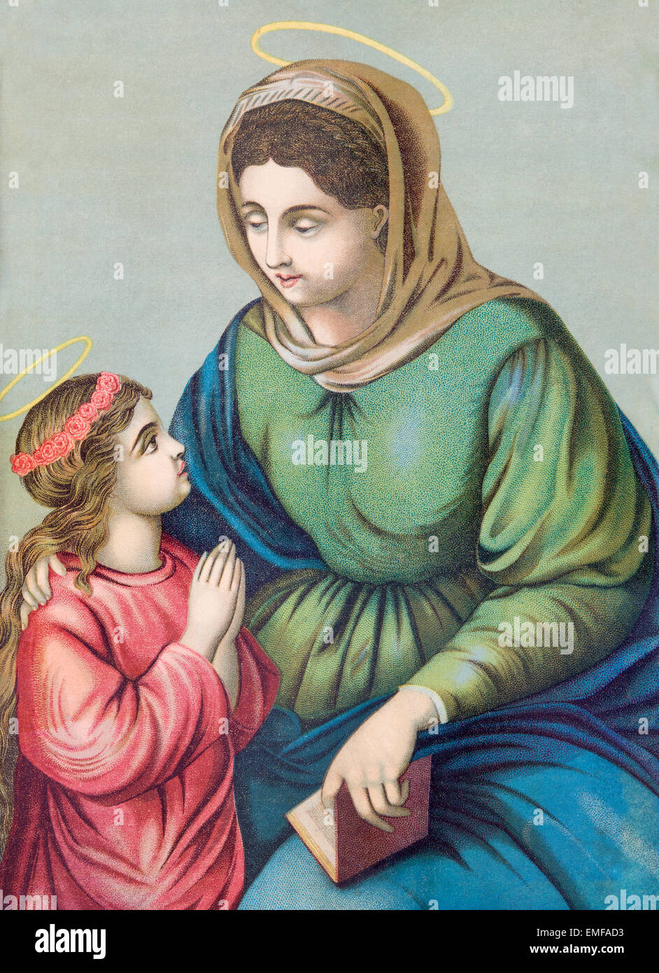 SEBECHLEBY, SLOVAKIA - JANUARY 3, 2015: Typical catholic image of st. Ann with the little Mary from Slovakia (in my own home) Stock Photo