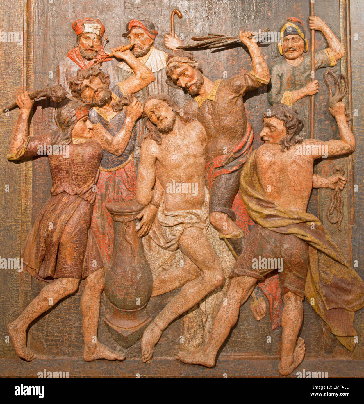 BANSKA STIAVNICA, SLOVAKIA - FEBRUARY 5, 2015: The carved relief of Flagellation as the part of baroque Calvary Stock Photo