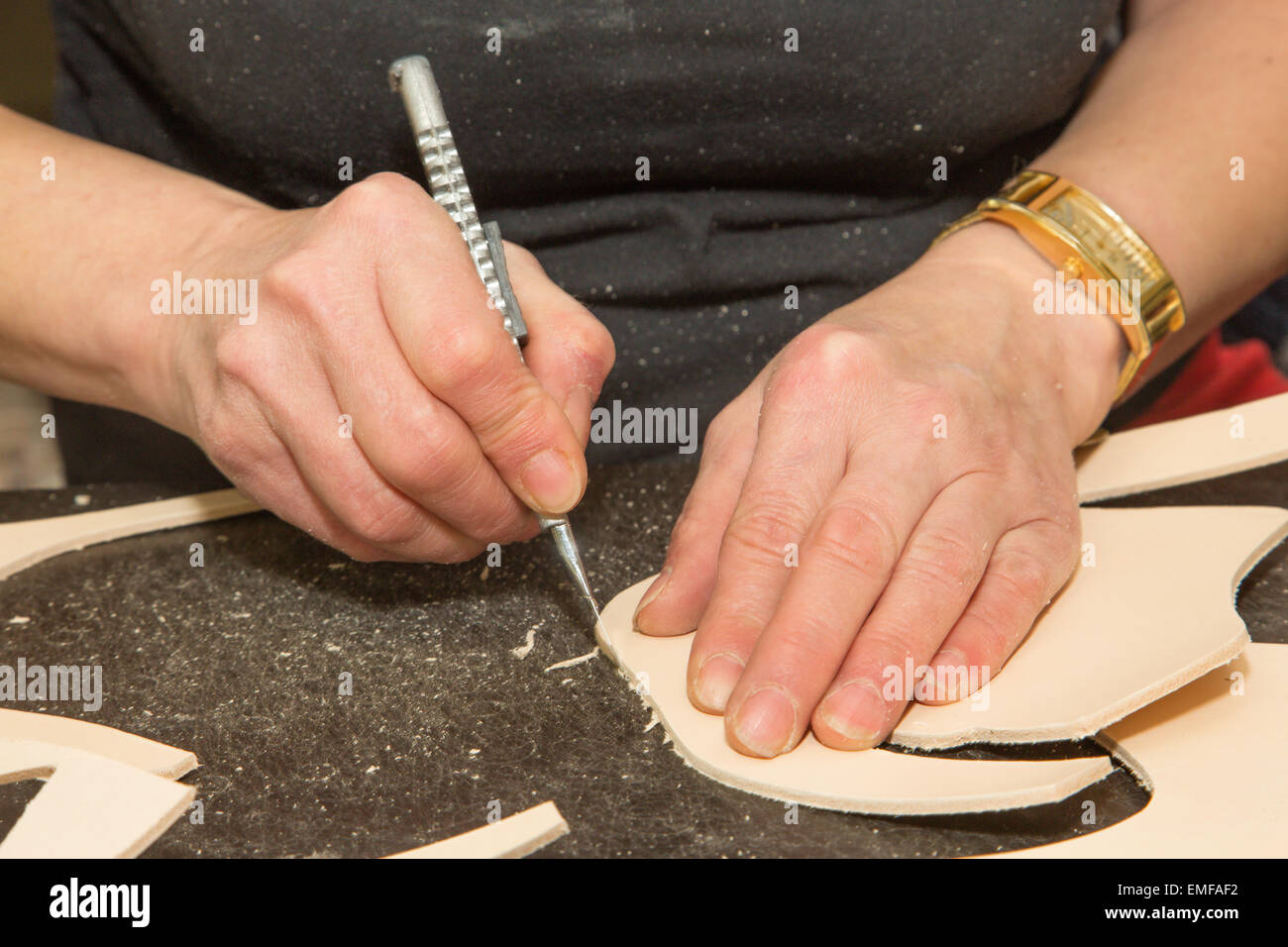 hands of the woman at the work with the leader Stock Photo