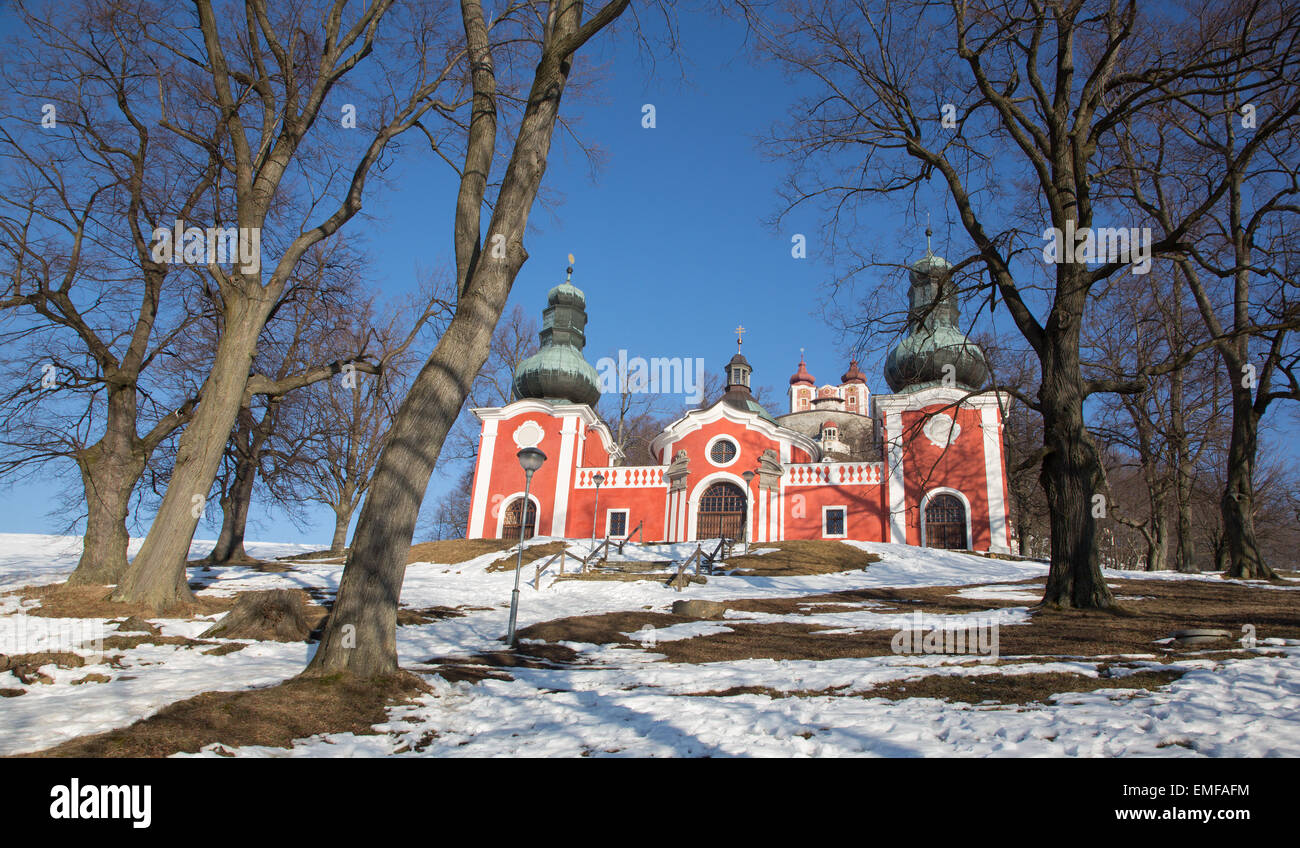 Banska Stiavnica - The lower church of baroque calvary built in years 1744 - 1751 in winter. Stock Photo