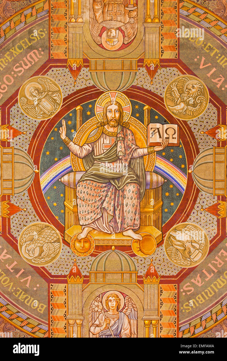 Jerusalem - Jesus the Pantokrator and the apostle. Paint on the ceiling of Evangelical Lutheran Church of Ascension Stock Photo