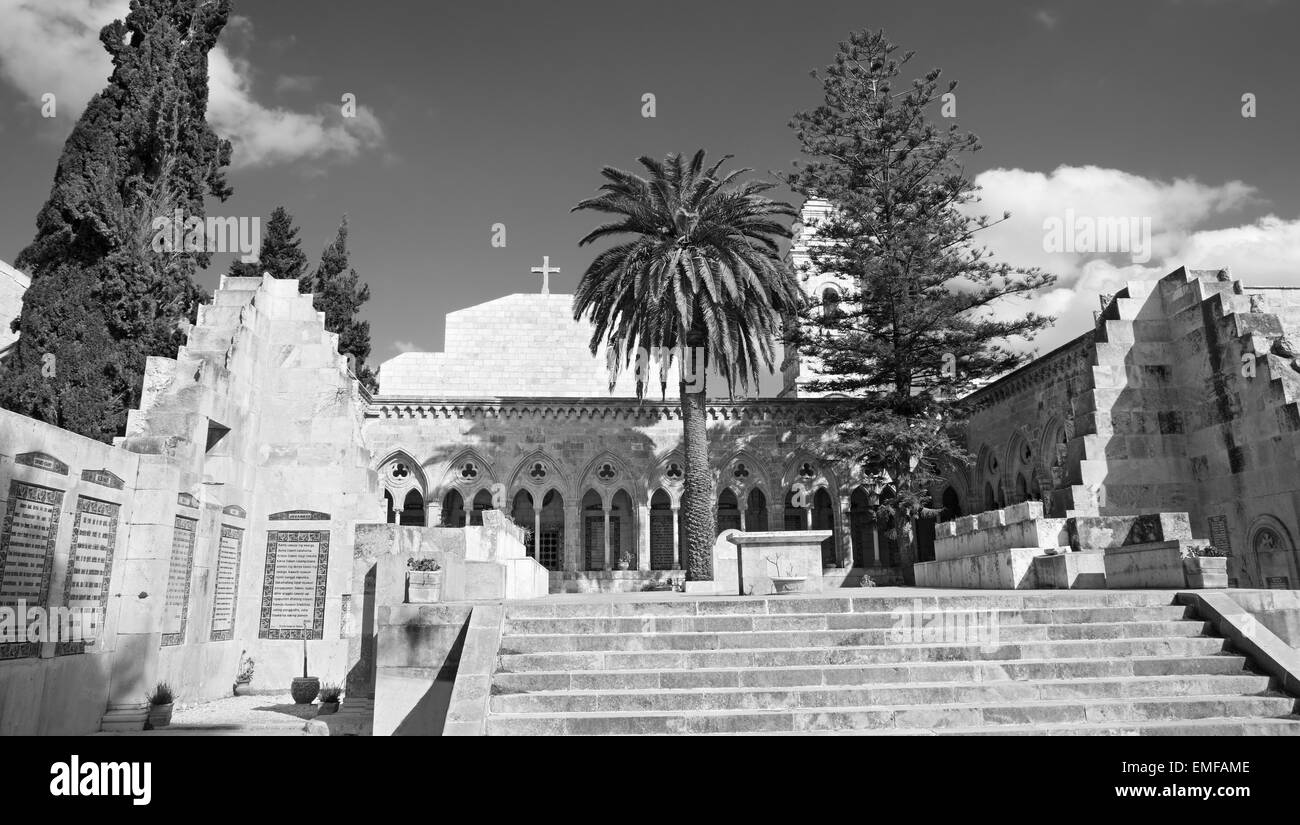 JERUSALEM, ISRAEL - MARCH 3, 2015: The gothic corridor of atrium in Church of the Pater Noster on Mount of Olives. Stock Photo