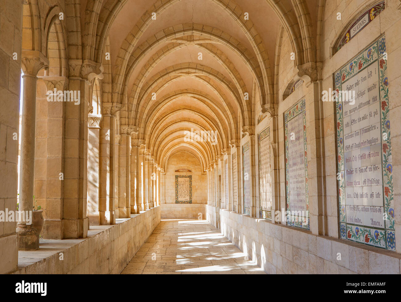 JERUSALEM, ISRAEL - MARCH 3, 2015: The gothic corridor of atrium in Church of the Pater Noster on Mount of Olives. Stock Photo