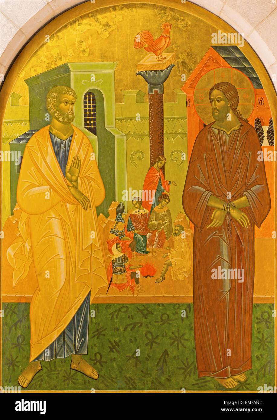 JERUSALEM, ISRAEL - MARCH 3, 2015: The Peter Disowns Jesus. Icon in Church of St. Peter in Gallicantu. Stock Photo