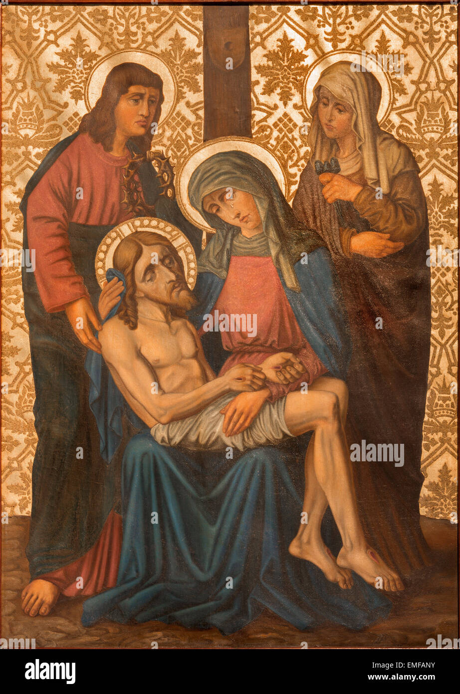 Jerusalem - The Pieta paint as part of cross way cylce in Armenian Church Of Our Lady Of The Spasm. Stock Photo