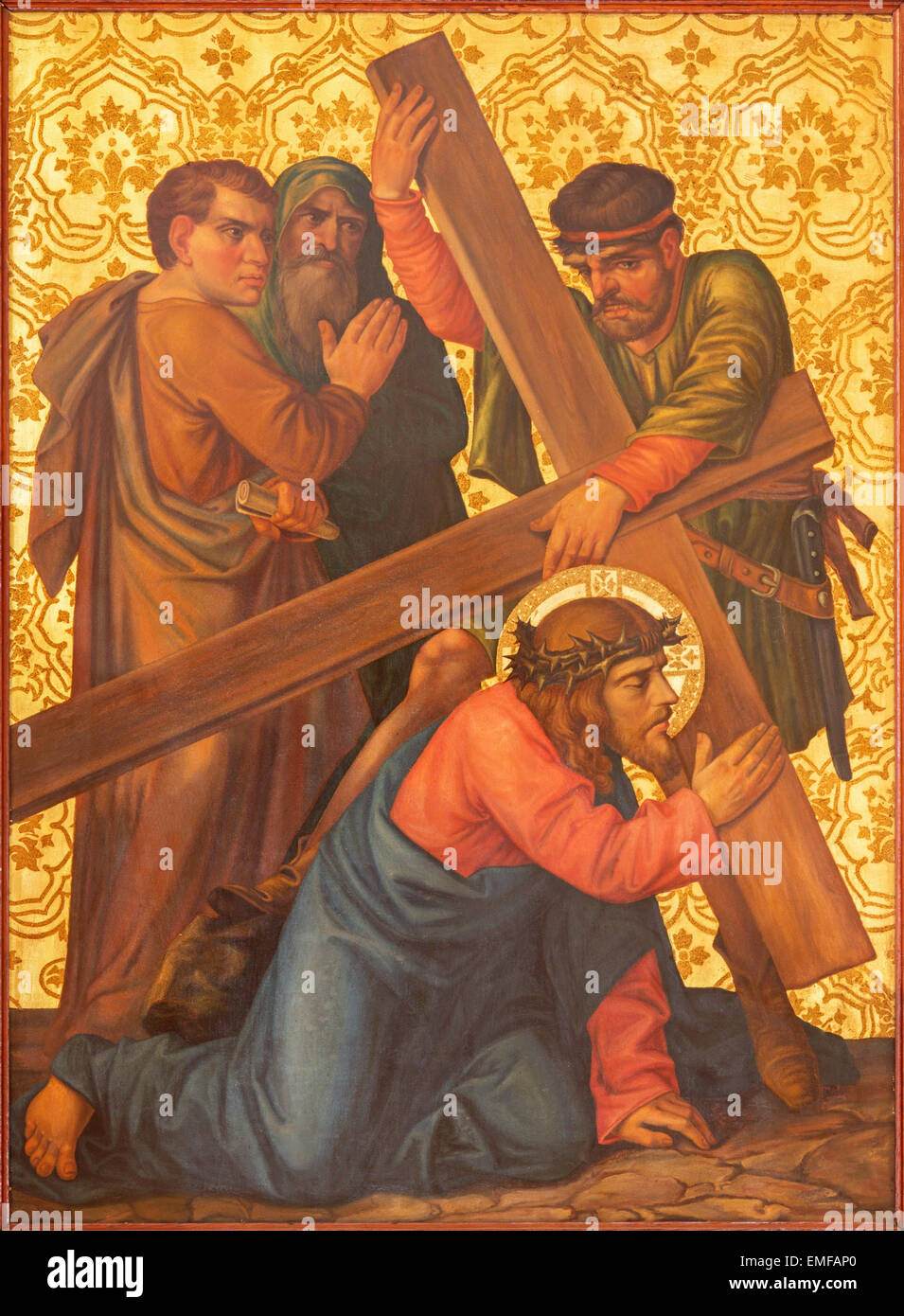 Jerusalem -  The Christ fall under cross paint as part of cross way cycle in Armenian Church Of Our Lady Of The Spasm. Stock Photo