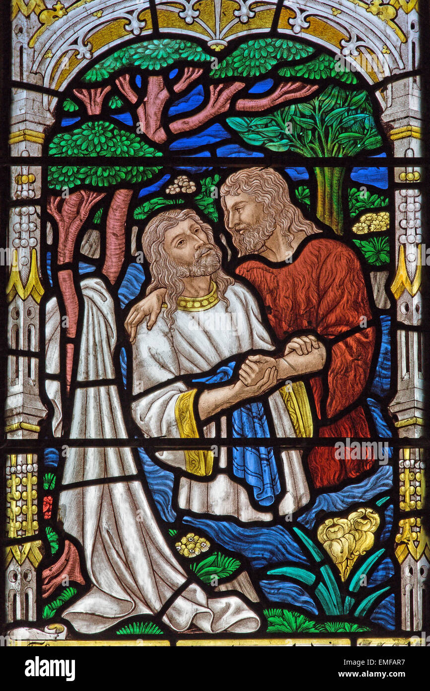 JERUSALEM, ISRAEL - MARCH 5, 2015: The baptism of Christ scene on the windowpane in st. George anglicans church Stock Photo