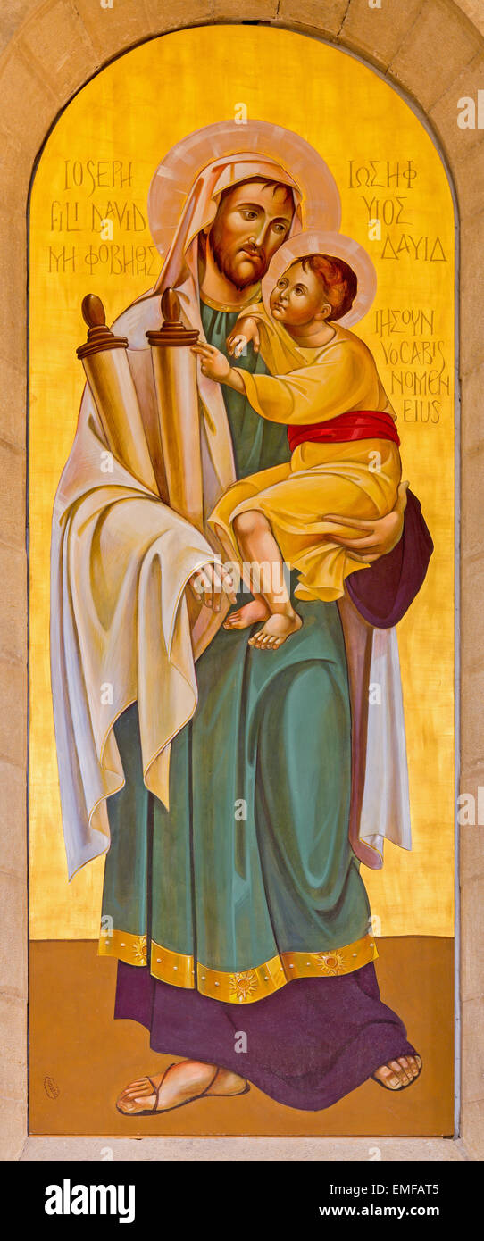 BETHLEHEM, ISRAEL - MARCH 6, 2015: The icon of st. Joseph in St. Catharine church signed as SMB. Stock Photo