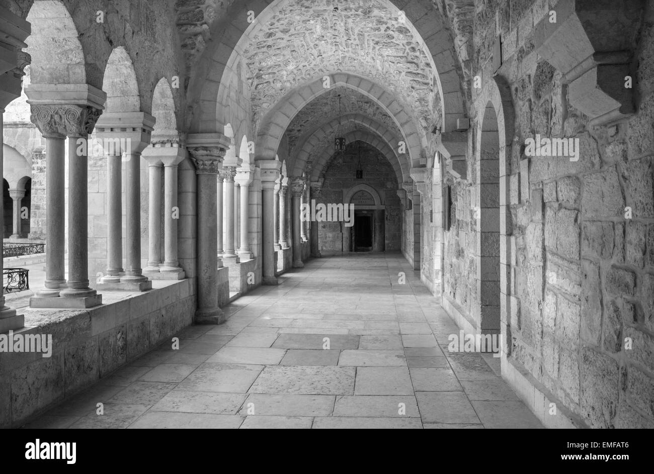 BETHLEHEM, ISRAEL - MARCH 6, 2015: The gothic corridor of atrium at St. Catharine church. Stock Photo