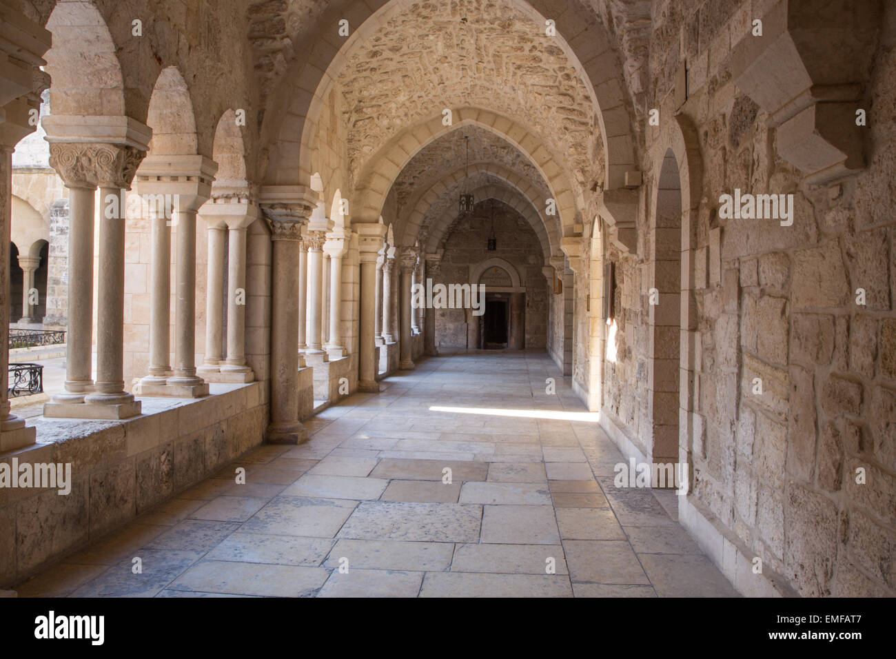BETHLEHEM, ISRAEL - MARCH 6, 2015: The gothic corridor of atrium at St. Catharine church. Stock Photo
