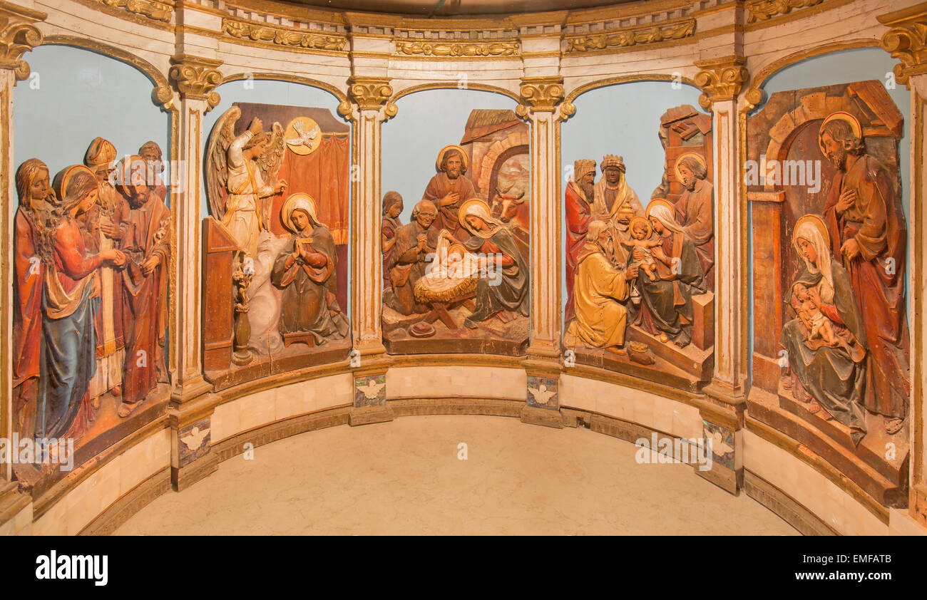 BETHLEHEM, ISRAEL - MARCH 6, 2015: The reliefs with the scenes from virgin Mary life on the altar of 'Milk Grotto'. Stock Photo