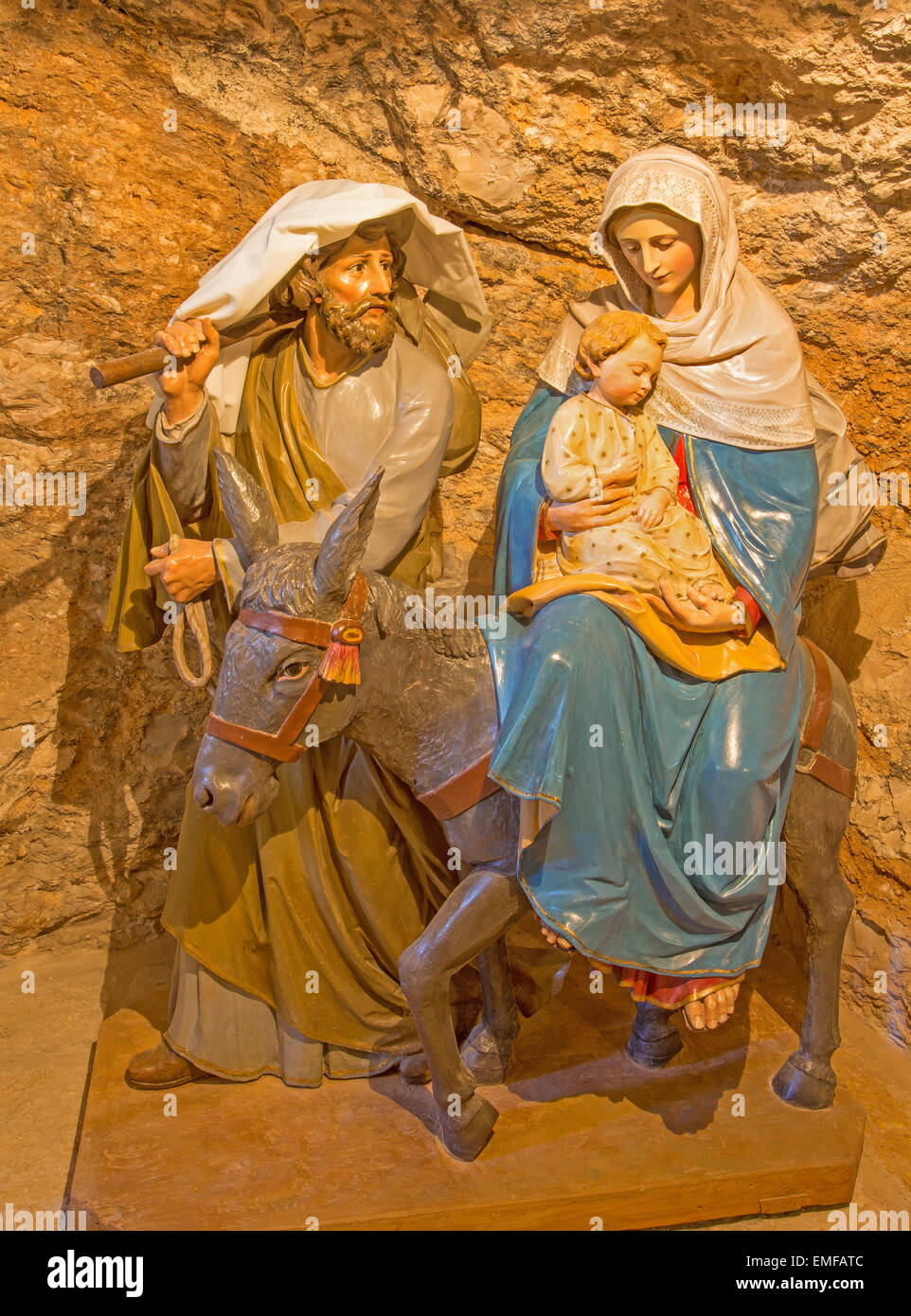 BETHLEHEM, ISRAEL - MARCH 6, 2015: The carved sculpture of Holy Family in 'Milk Grotto'. Stock Photo