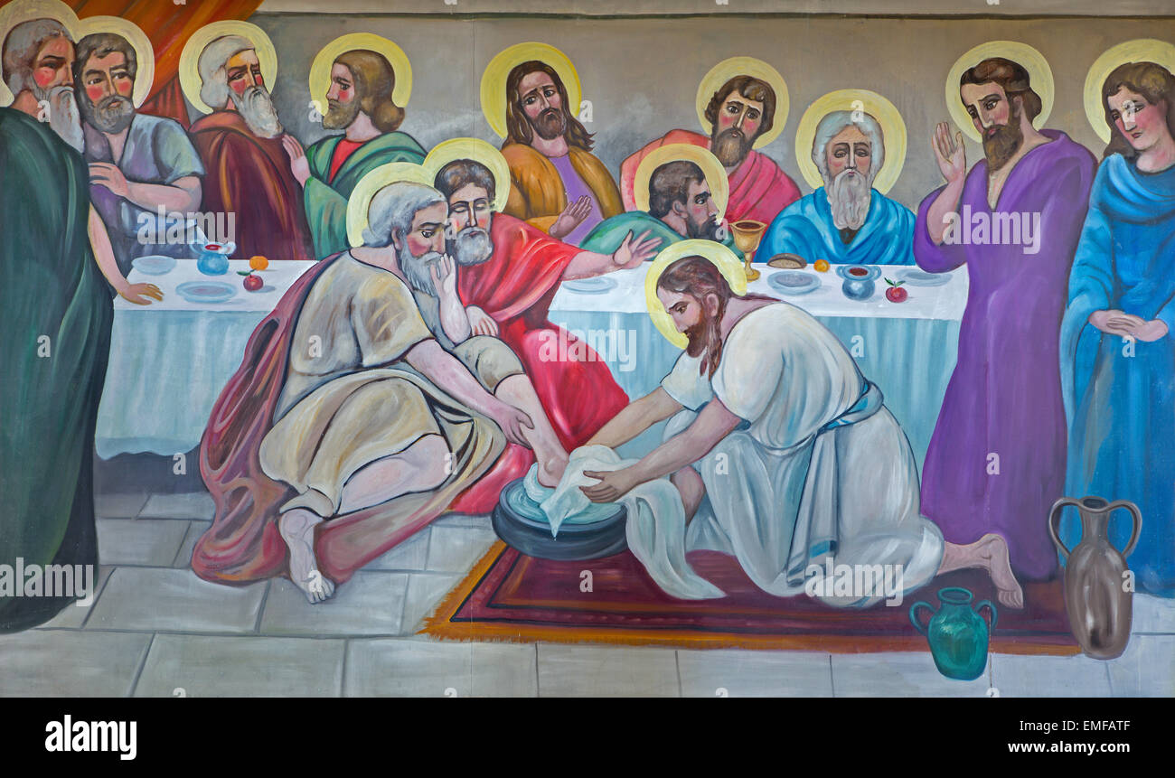 BETHLEHEM, ISRAEL - MARCH 6, 2015: The modern fresco of Feet washing at the last supper from 20.cent. in Syrian orthodox church Stock Photo