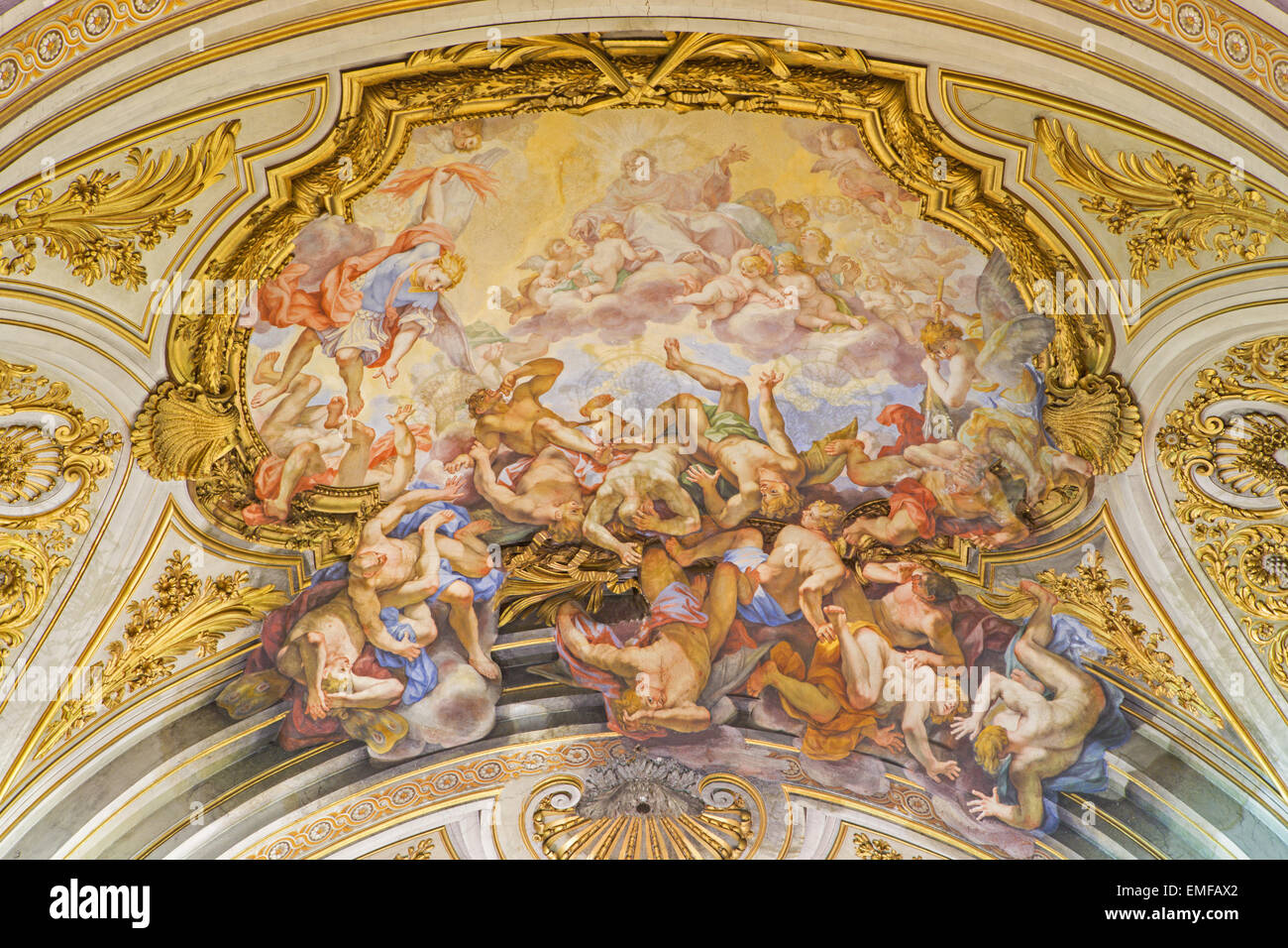 Rome - The ceiling fresco of The Fall of the Rebelious Angels in church Basilica dei Santi XII Apostoli Stock Photo