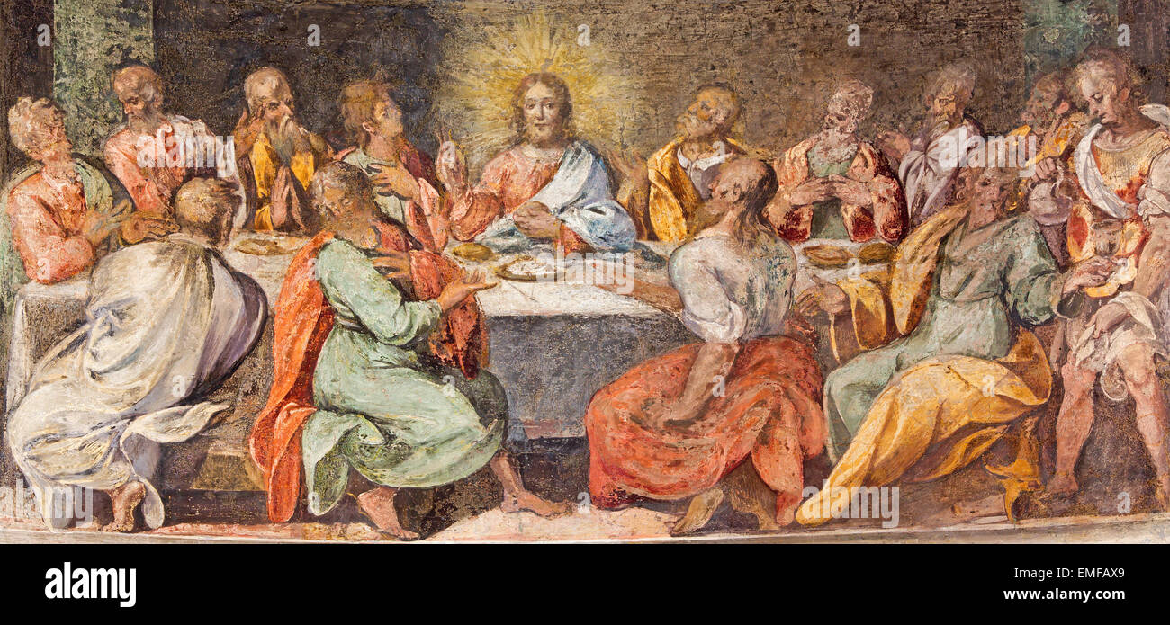 ROME, ITALY - MARCH 25, 2015: The Last supper. Fresco in church Santo Spirito in Sassia by unknown artist of 16. cent. Stock Photo