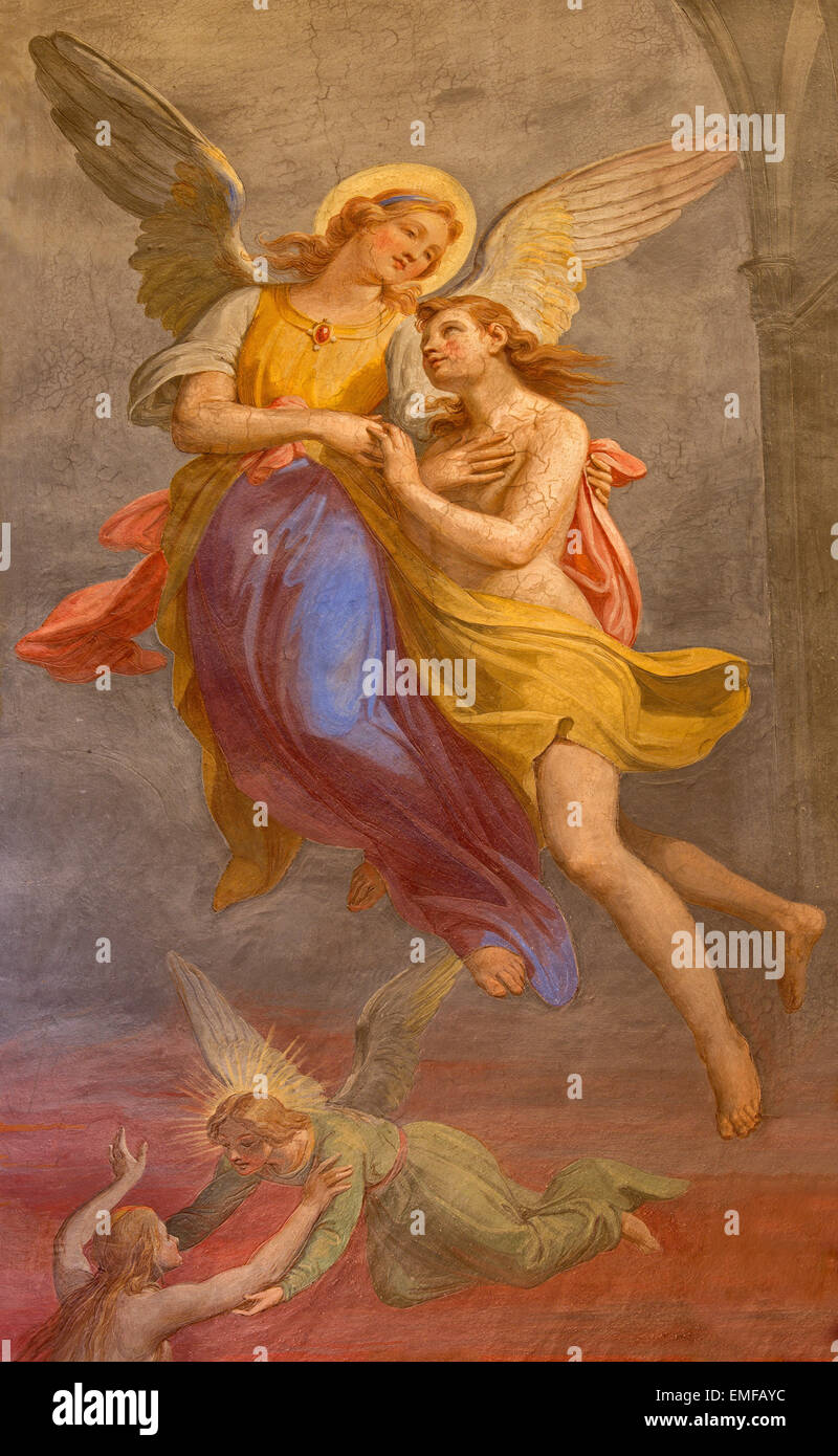 ROME, ITALY - MARCH 27, 2015: The fresco of angel and the soul fresco in Basilica di Sant Agostino (Augustine) Stock Photo