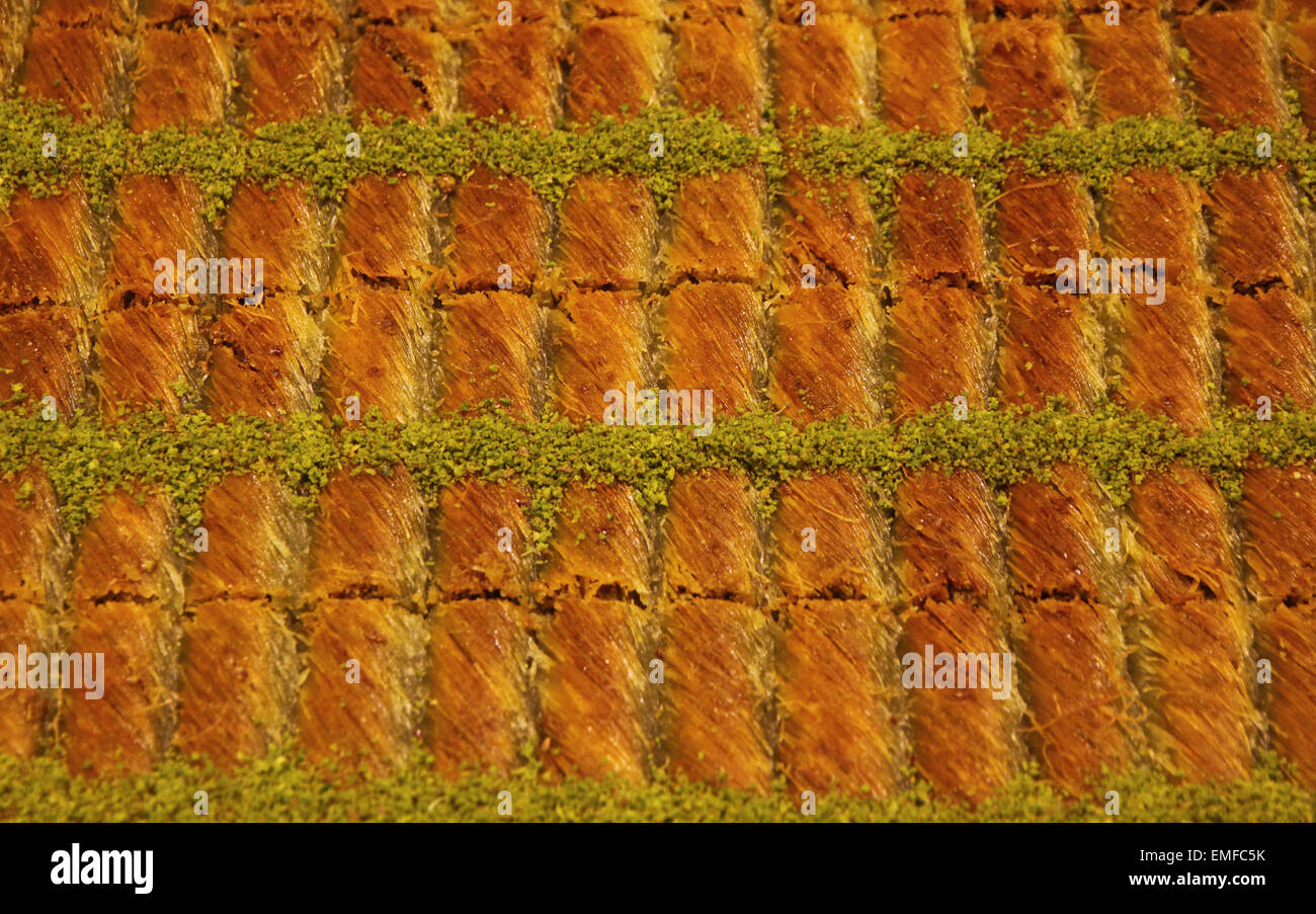 Close-up traditional Turkish baklava (sweet dessert made of thin pastry, nuts and honey) Stock Photo