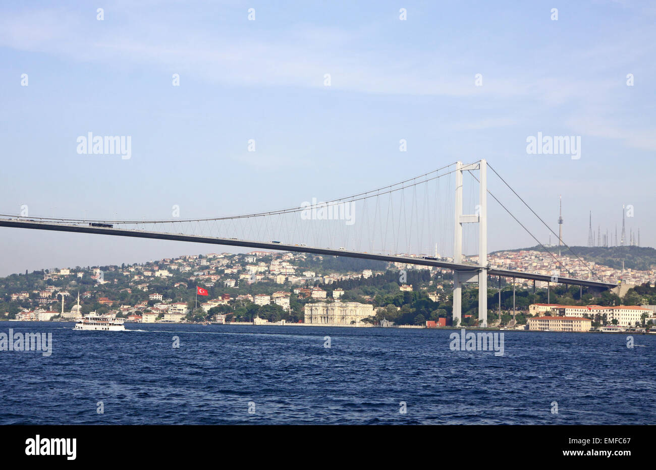 Bosphorus Bridge (also called the First Bosphorus Bridge) over the Bosphorus strait in Istanbul, Turkey Stock Photo