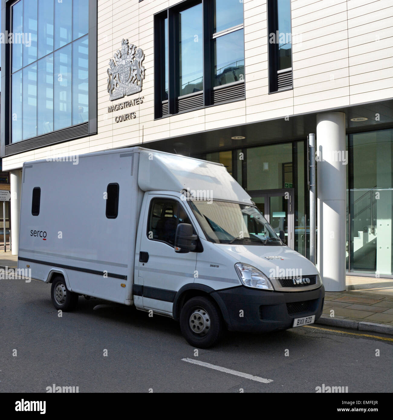 Chelmsford Magistrates Court prisoner transportation van operated by Serco outside courthouse building Stock Photo