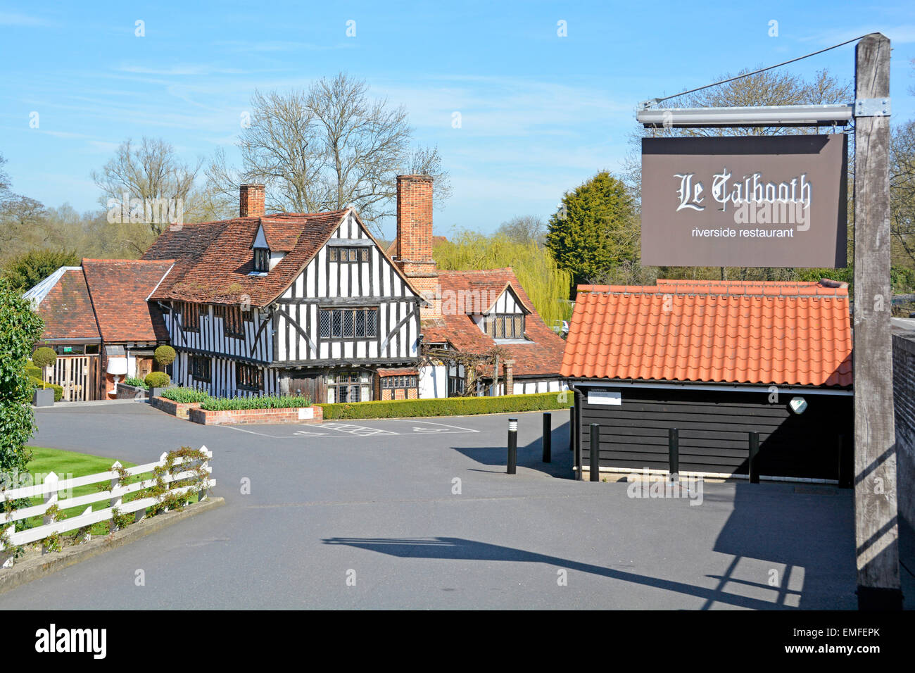 Sign at the historical Essex Le Talbooth rural restaurant & wedding venue has riverside facilities beside River Stour in Constable country England UK Stock Photo