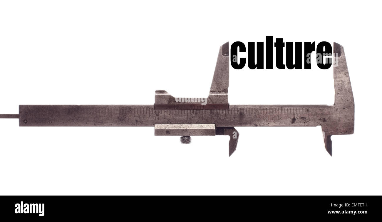 Color horizontal shot of a caliper and measuring the word "culture