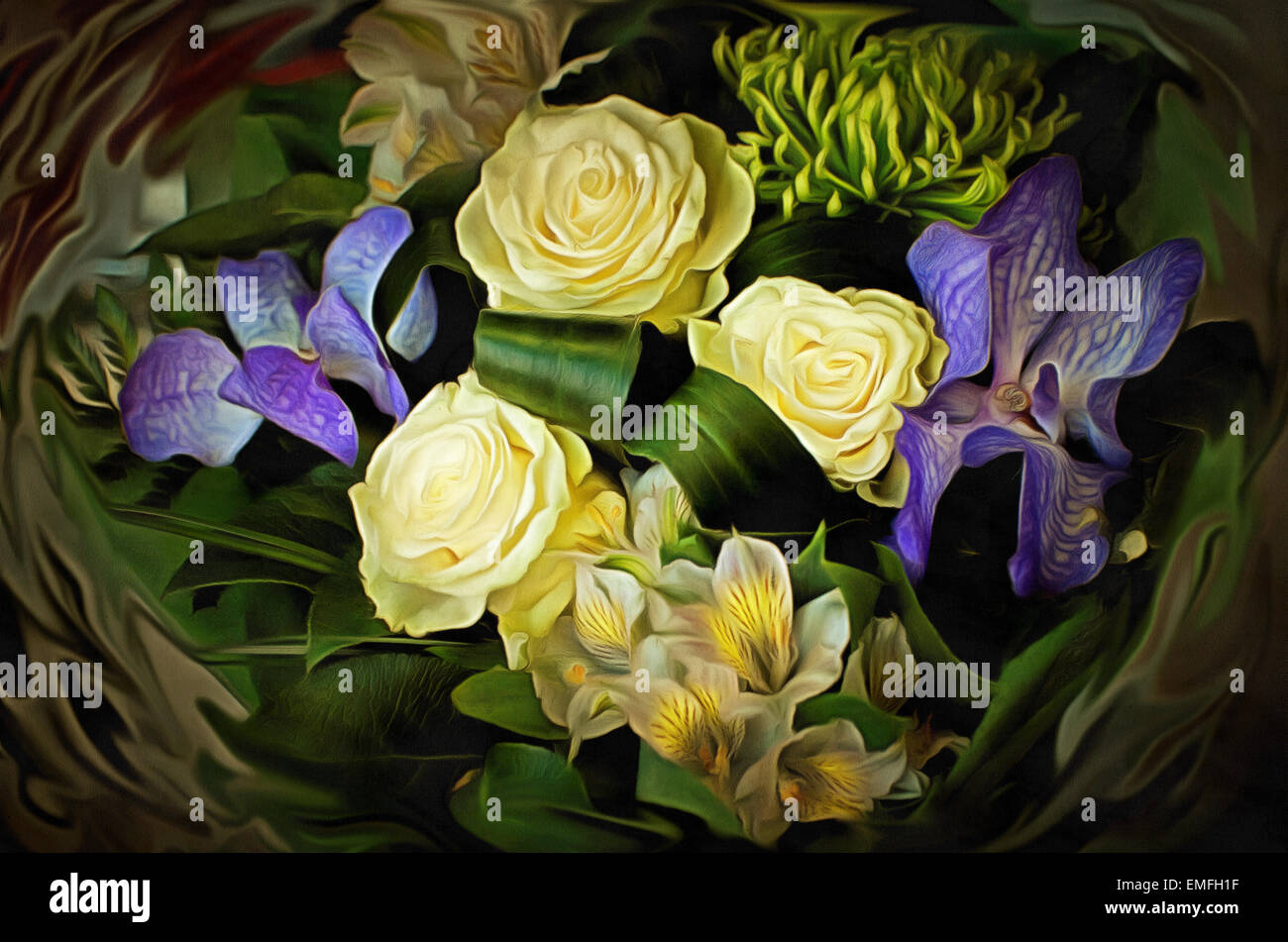 Illustrations flowers bouquet, Alstroemeria, painting roses, watercolor, Rose, (Latin Rosa), orchid Stock Photo