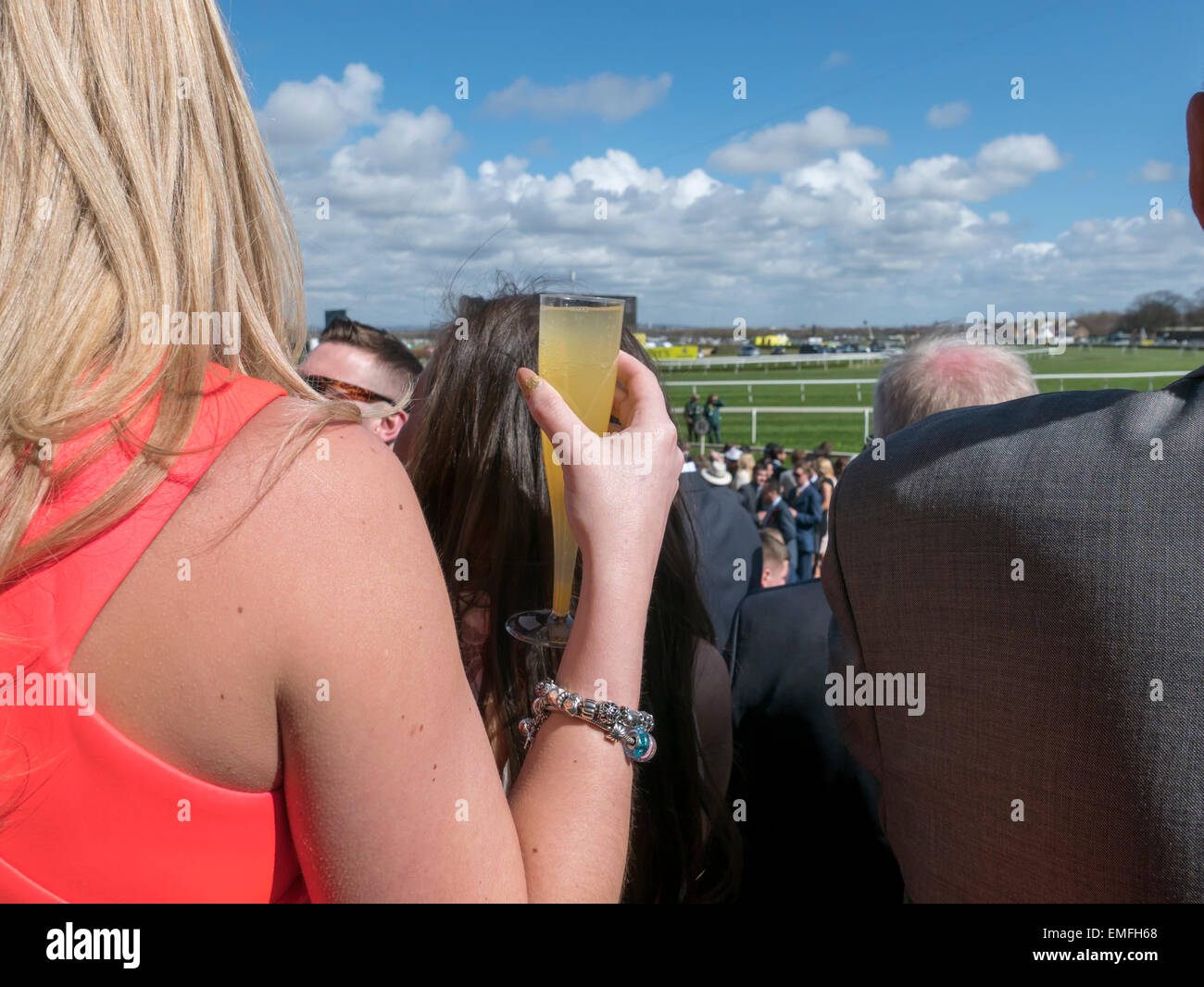 A spectator enjoy a glass of bubbly at the Crabbies Grand National 2015. Aintree, Liverpool, Merseyside, England, UK. Stock Photo