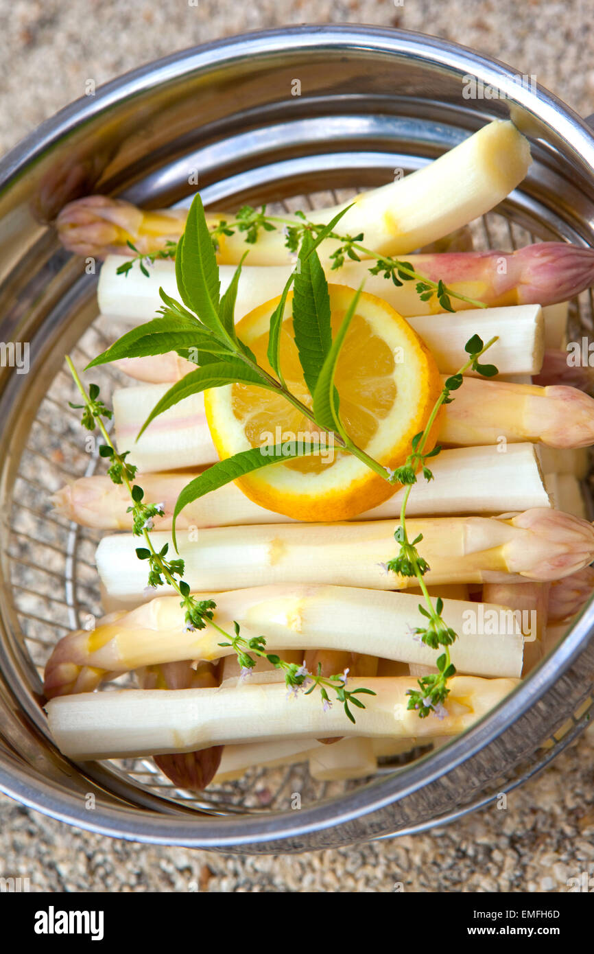 Asparagus, lemon and thyme before cooking Stock Photo