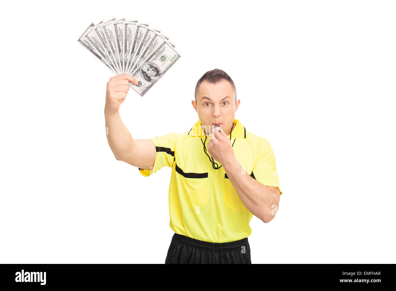 Angry football referee blowing whistle hires stock photography and