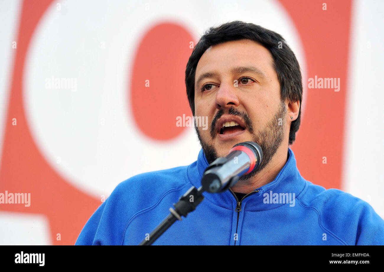 The federal Secretary of Northern League's party (Lega Nord) Matteo Salvini holding a meeting in Cividale del Friuli near Udine, Stock Photo