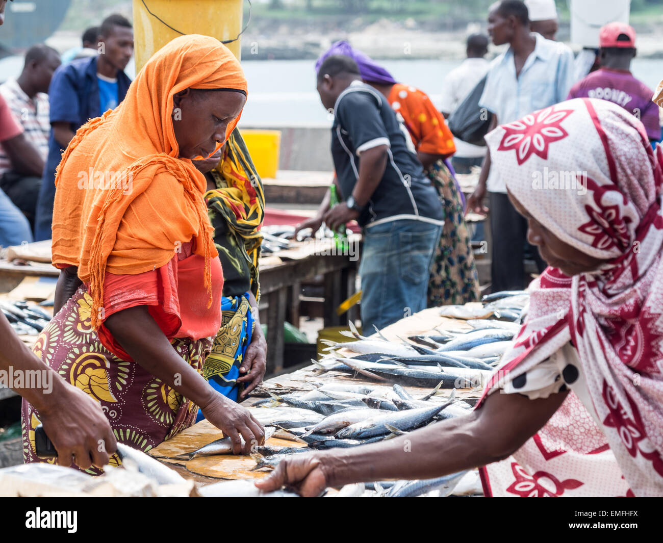 Local women buying seafood in the fish market in Dar es Salaam