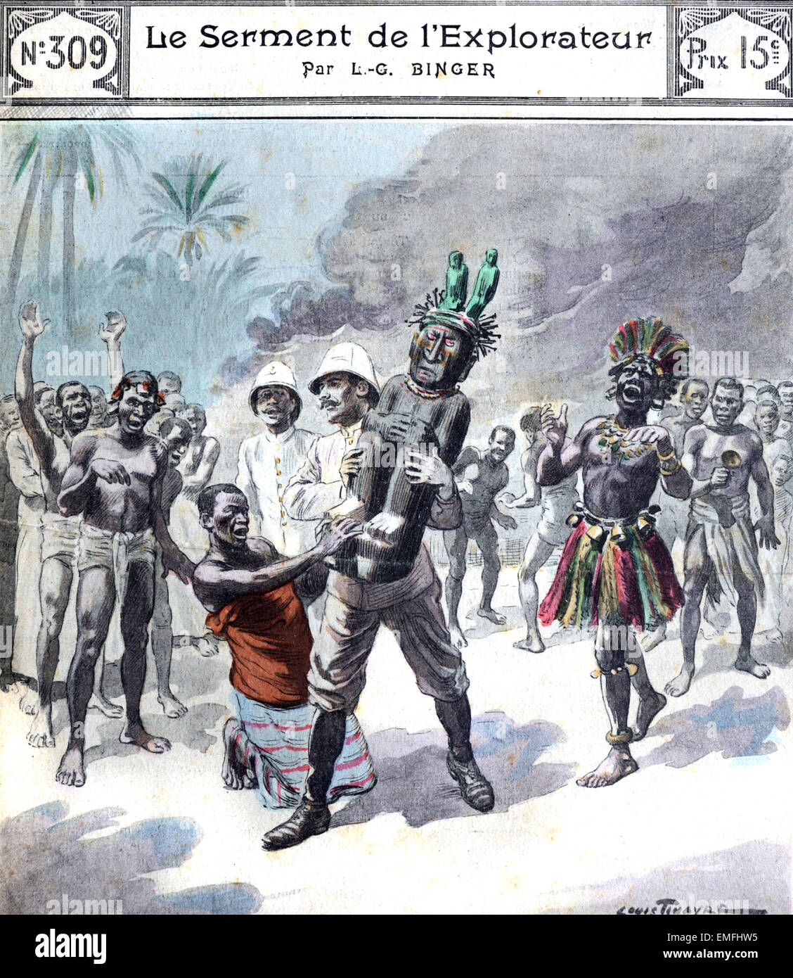 Christian Missionaries or European Explorers Preach Against Idolatry in French Colonial Africa 1902 Book Cover of a Short Story 'Le Serment de l'Explorateur' by L.G.Dinger. Stock Photo