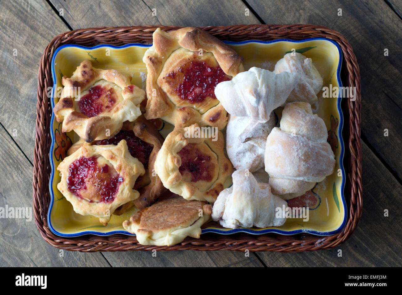 homemade puff pastry filled with strawberry jam, from above Stock Photo