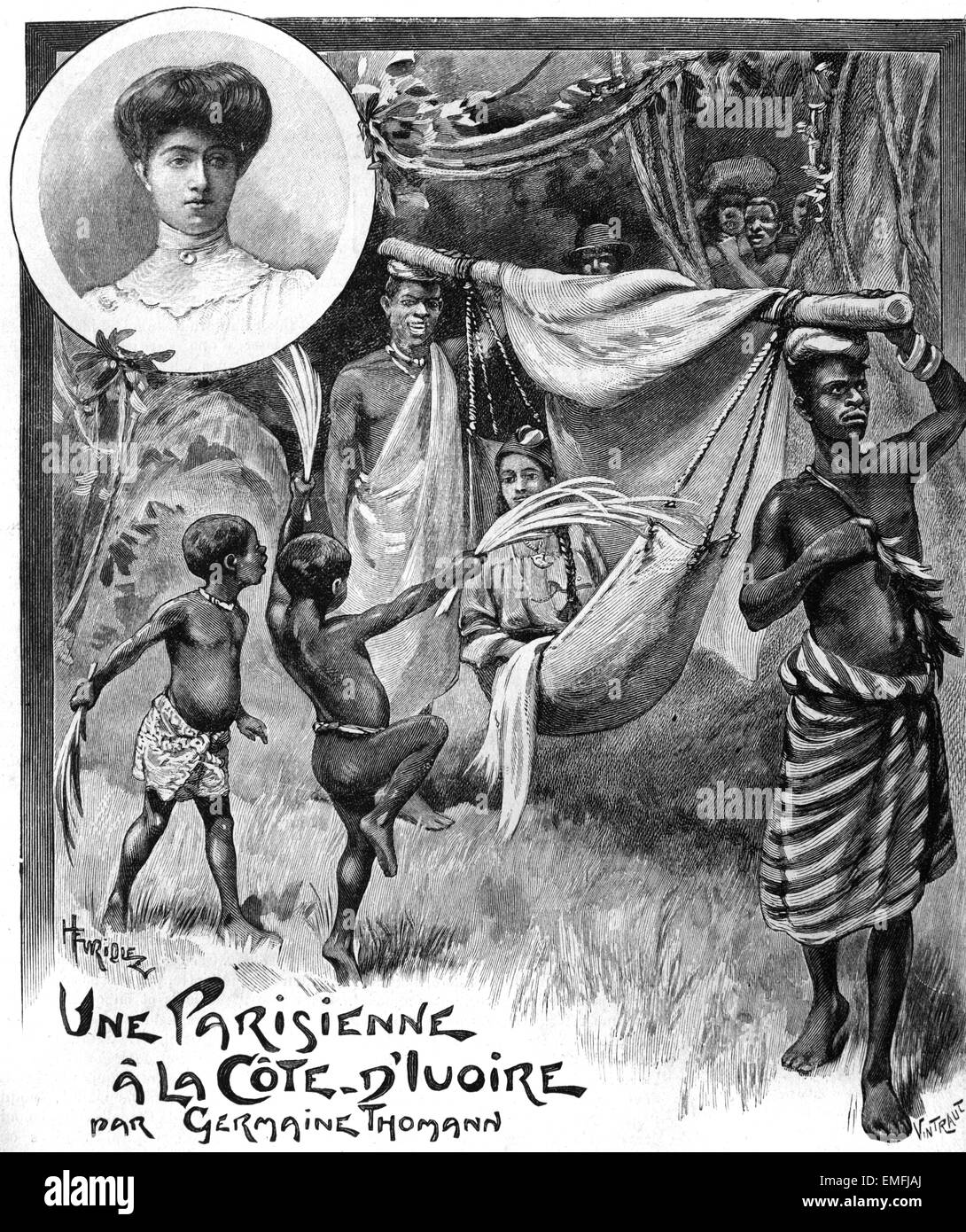 European or Parisian Traveller Traveling by Palanquin Carried by Local Natives in French Colonial Ivory Coast Africa 1910. Reminiscences 'Une Parisienne à La Côte d'Ivoire' by Germaine  Thomann 1910 Stock Photo