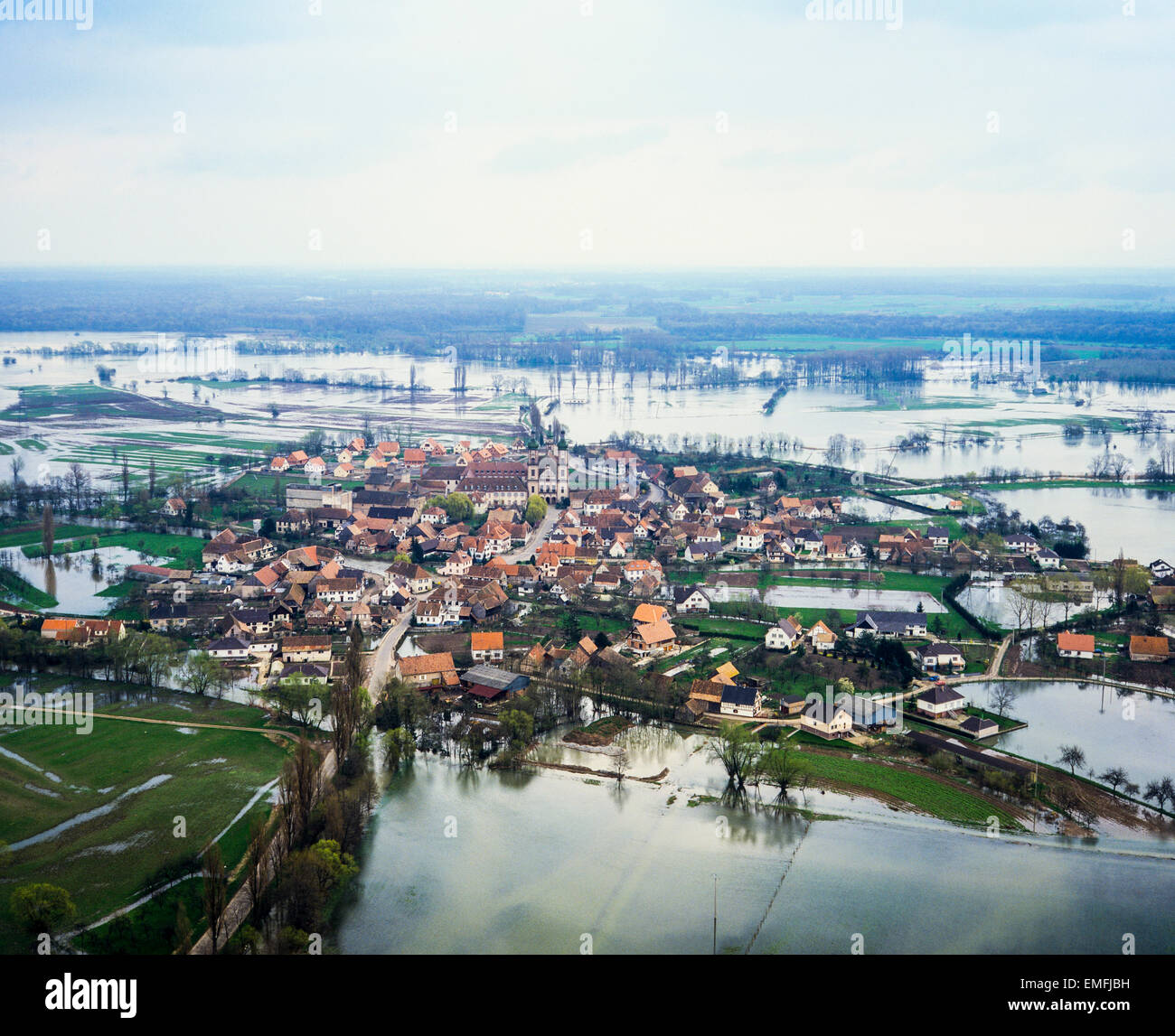 Aerial view of flood and Ebermunster village Alsace France Europe Stock Photo
