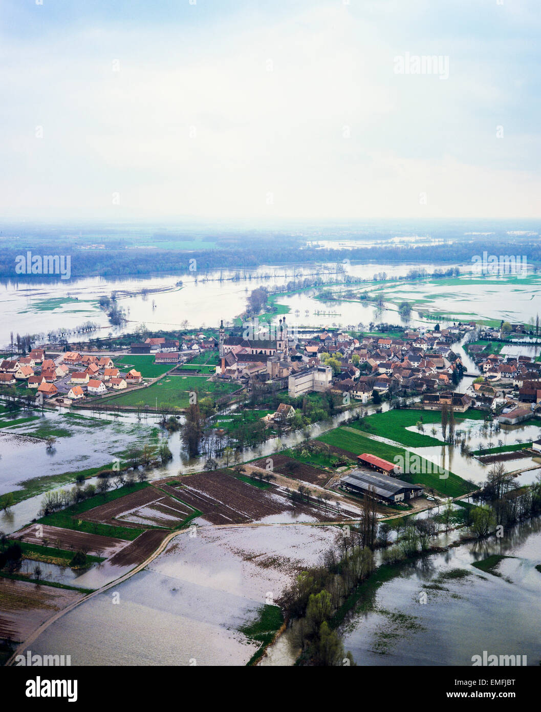 Aerial view of flooded fields and Ebermunster village Alsace France Stock Photo