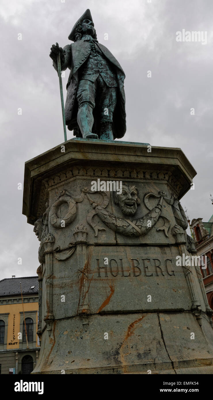 Statue for writer, essayist, philosofer, historian and playwright Ludvig Holberg, Baron of Holberg on Vågsallmenningen in Bergen Stock Photo