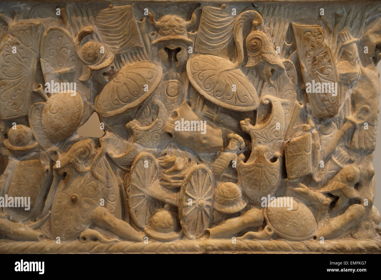 Marble cinerary urn. Roman, Julio-Claudian period, 1st C.AD. Highly unusual in having the spoils of war as its principal theme. Stock Photo
