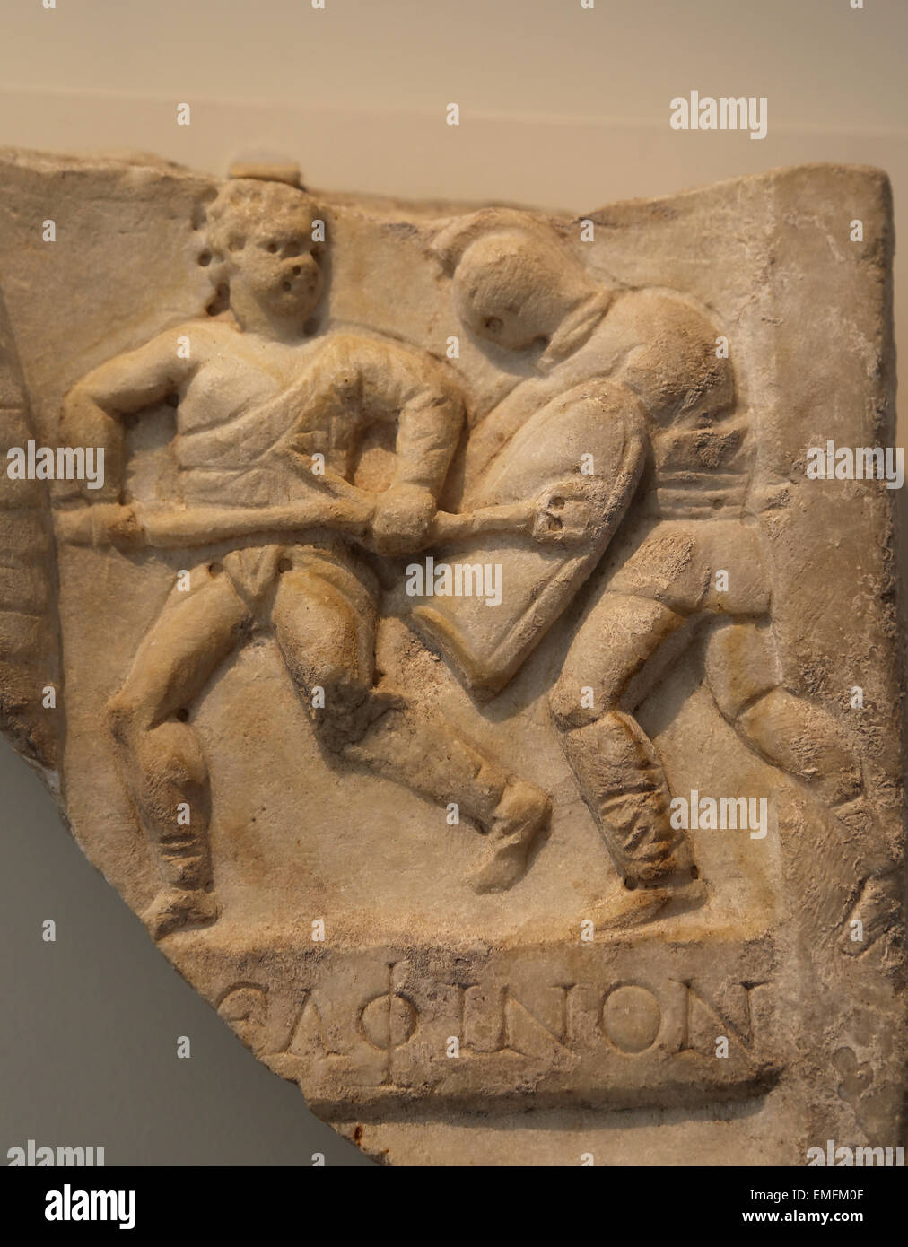 Marble relief fragment with gladiators. Roman. 1st-3rd century AD. From Rome. Imperial Period. Metropolitan Museum of Art. NY. Stock Photo