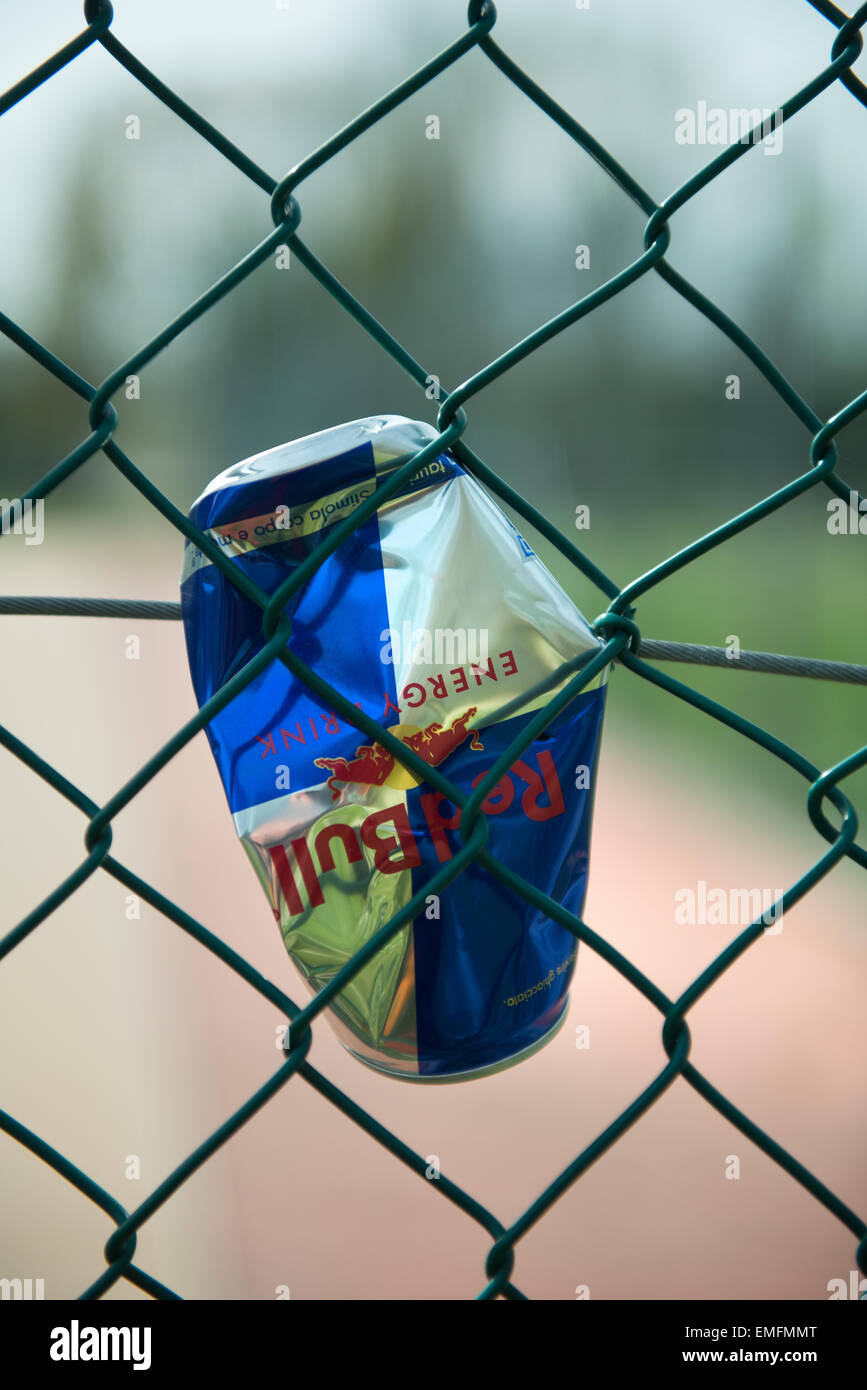 a can jammed in the fence Stock Photo