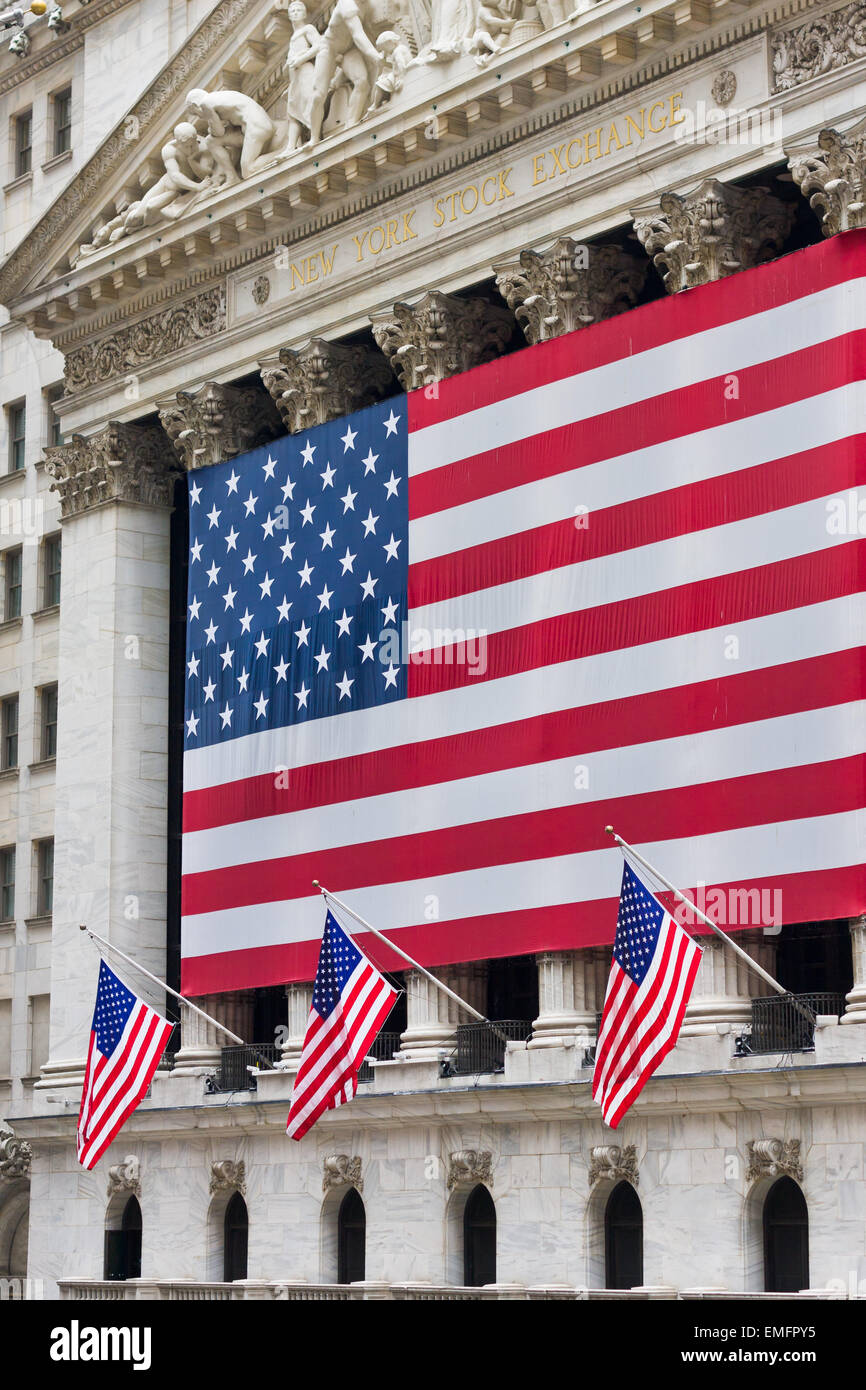 New York Stock Exchange NYSE building covered with the American flag