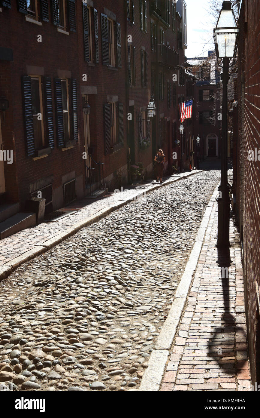 Boston Beacon Hill Acorn Street landmark with cobblestone. Stock Photo