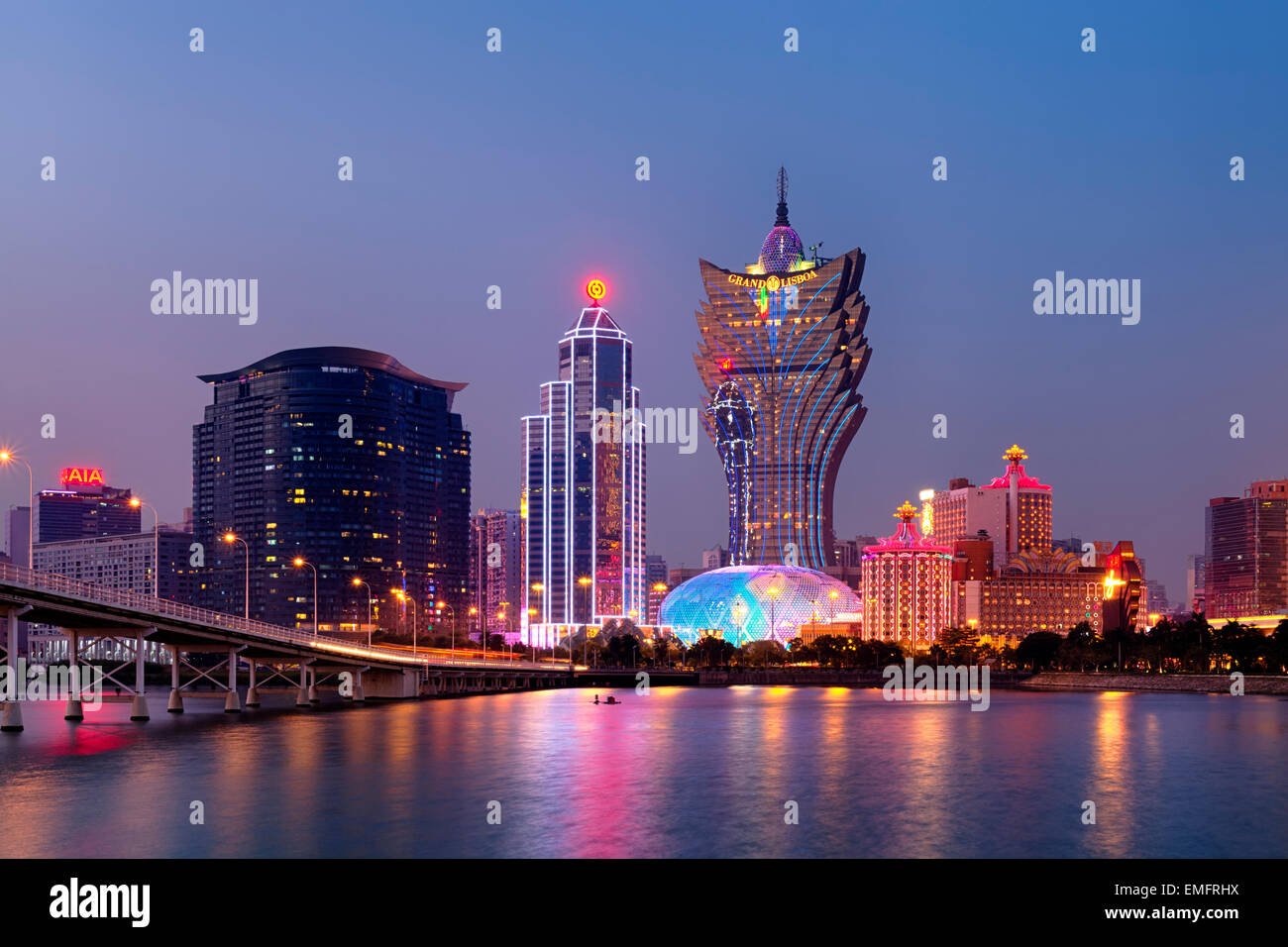 Macao, Macau S.A.R - November 16,2014: Night Macao Skyline, including Casinos such as, The Grand Lisboa and  Wynn. Gambling in M Stock Photo