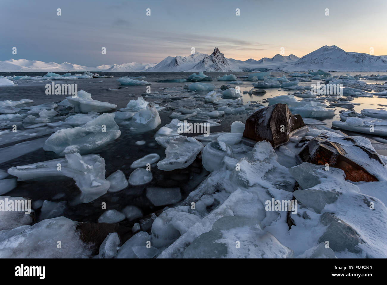 Arctic ice landscape - beginning of the polar night - Spitsbergen, Svalbard Stock Photo