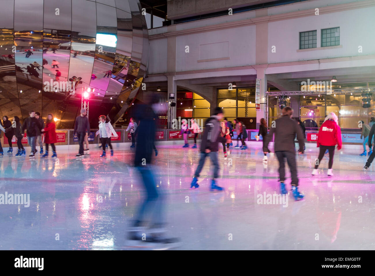 Temporary ice skating rink set up in the Millennium Square in the city centre of Bristol, UK