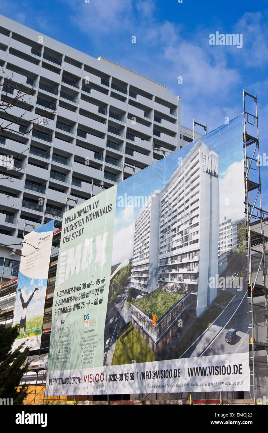 Advertisement hoarding for new apartments, Wuppertal, Nordrhein-Westfalen, Germany Stock Photo