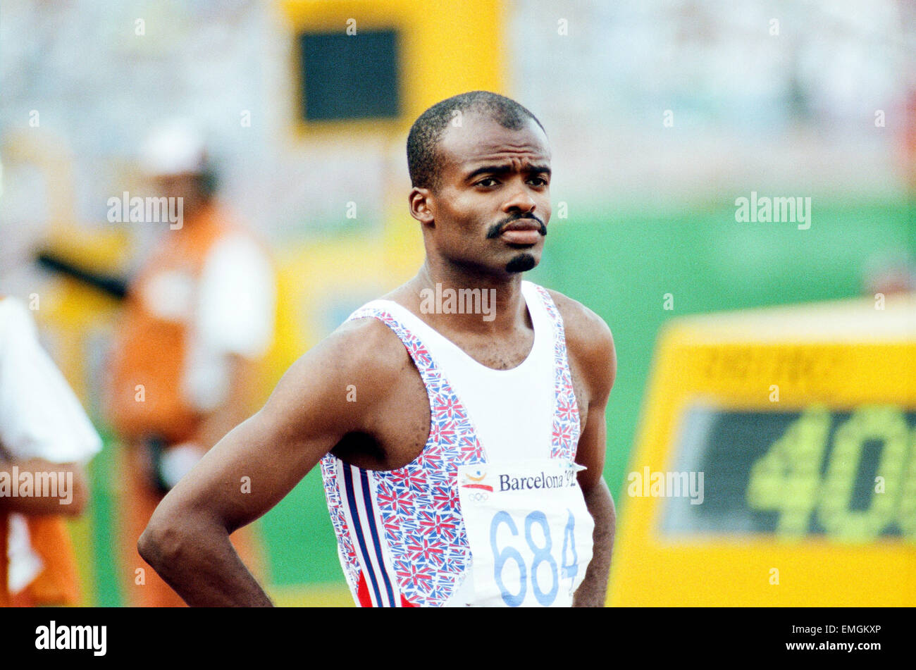1992 Olympic Games in Barcelona, Spain. Mens 400 Metres Hurdles. Great Britain's Kriss Akabusi. 2nd August 1992. Stock Photo