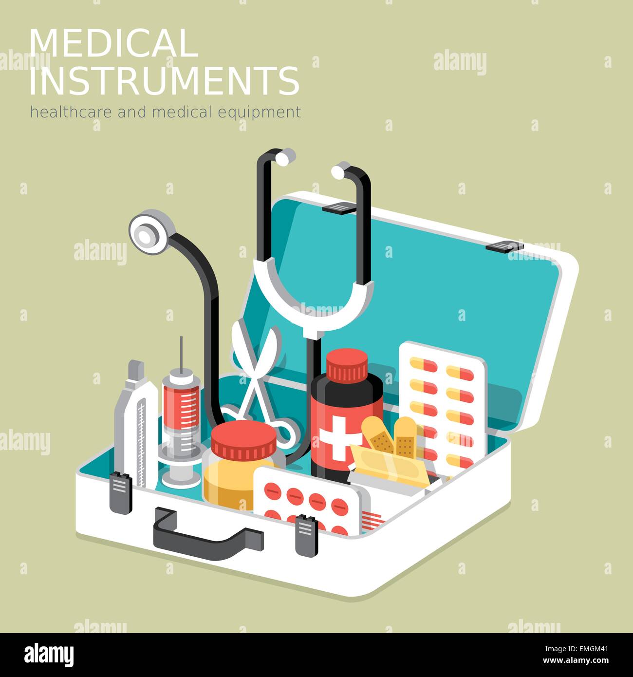 flat 3d isometric infographic for medical instruments with aid kit ...