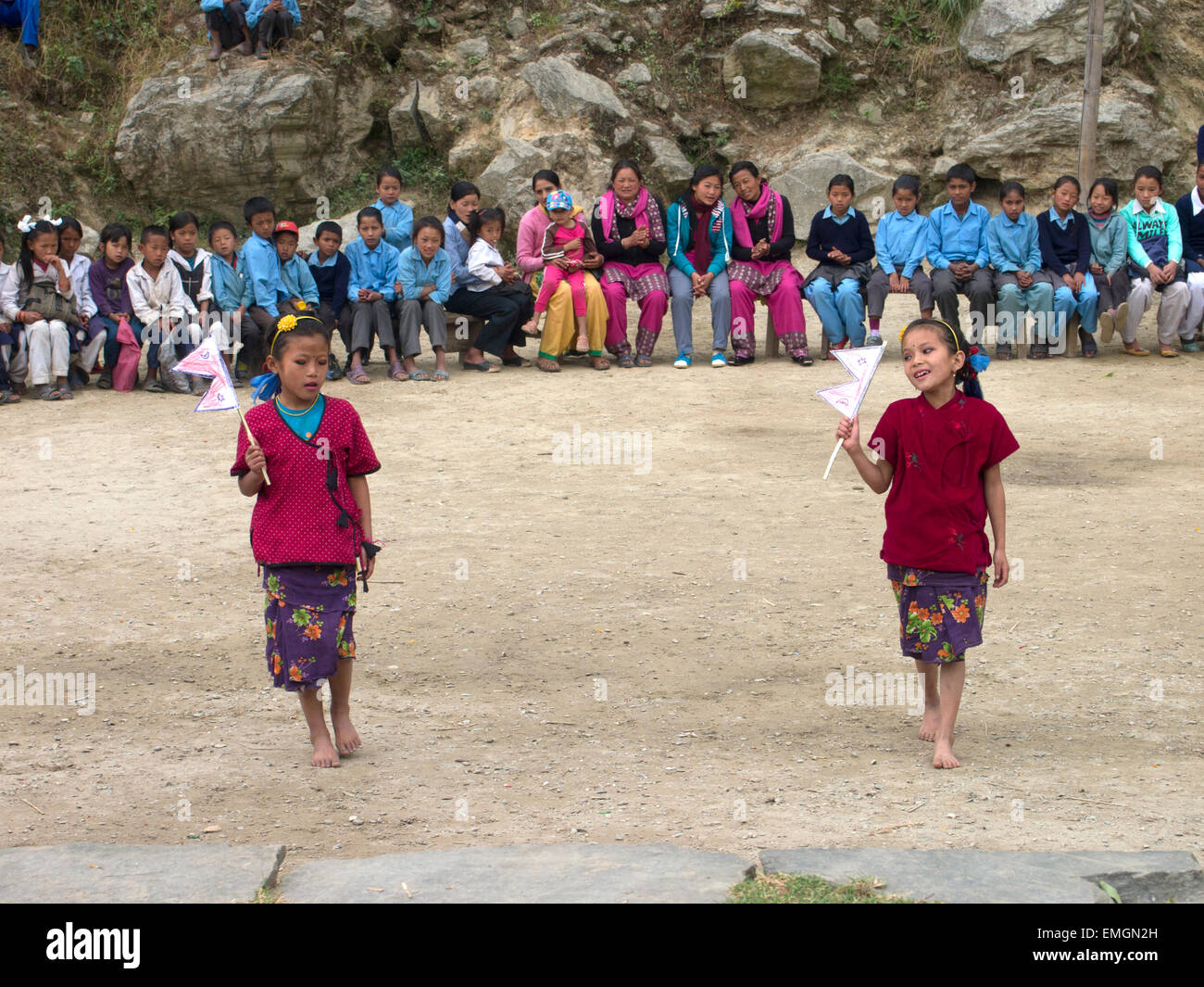 School Children Traditional Dance Lukla Nepal Asia Stock Photo